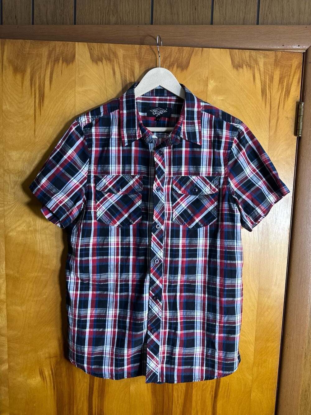 Eighty Eight Men's Plaid Short Sleeve Button Down Shirt Red Blue White